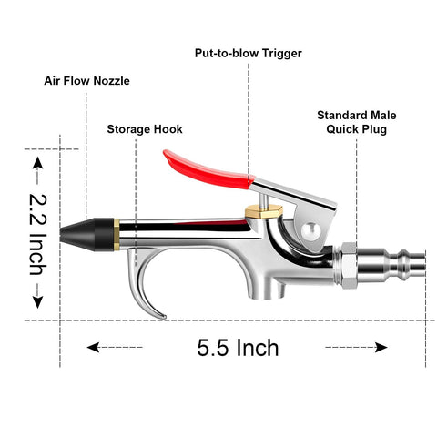 Side view of air blow gun from 13-Piece 2-Way Air Nozzle Kit with Quick Connects showing measurements and features.