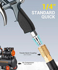 Extendable air blow gun with a 19 to 28 inch nozzle, all metal body and rubber grip shown connected to compressor coupling