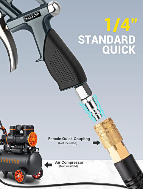 Extendable air blow gun with a 19 to 28 inch nozzle, all metal body and rubber grip shown connected to compressor coupling