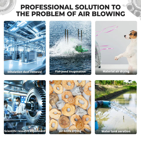 Collage of applications for high-pressure regenerative blower including dust removal, fish pond aeration, air drying, and water tank aeration.