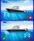 Before and after image of a boat planing on water, showing the effect of trim tab actuator adjustment on hull attitude.