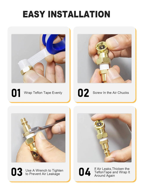 Installation steps for Two Pack Durable Metal Closed Ball Air Chucks With One Quarter Inch NPT Quick Plug For Tire Inflation And Air Compressor Hoses Leak Proof Tire Inflator Nozzle For Automotive Shops Service Fleets And Home Garages.