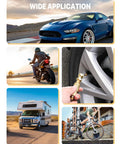 Two Pack Durable Metal Closed Ball Air Chucks With One Quarter Inch NPT Quick Plug in use on car, motorcycle, RV, and bicycle tires.