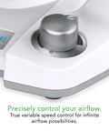 Close-up of Energy Smart Compact Air Circulator Fan speed control knob for adjustable airflow. Energy Smart branding visible.