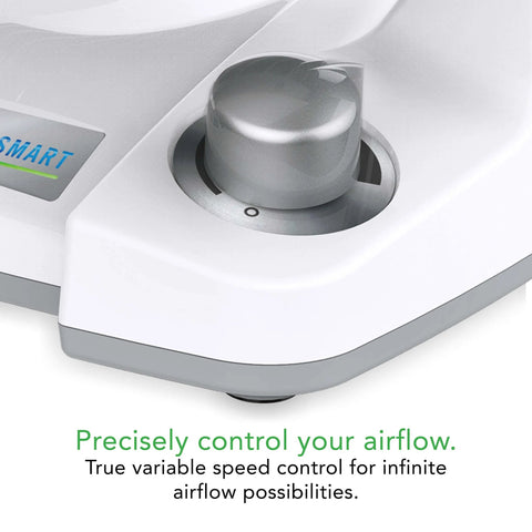 Close-up of Energy Smart Compact Air Circulator Fan speed control knob for adjustable airflow. Energy Smart branding visible.