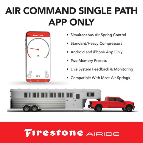 All In One Wireless Rear Air Spring Kit For 2011 2026 Silverado Sierra 2500HD 3500HD Up To 5000 Lb Load Capacity 5 To 100 PSI Easy Install With Remote Or App Control Improves Ride Comfort And Towing Stability For A Real Workhorse Ride with phone app interface and trailer in background
