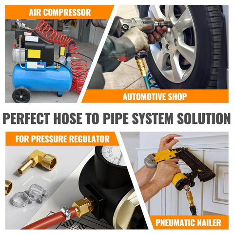 Collage showing 12 Pack One Quarter Inch Air Hose Fittings Brass Hose Barb Fittings used in automotive and compressor settings