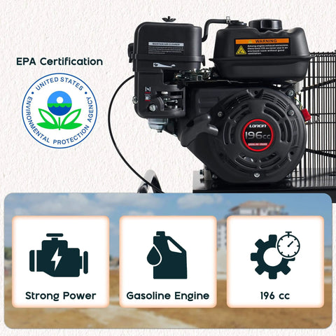 Close-up of Loncin 196cc engine on Albott 6.5HP Gas Powered Air Compressor, 8 Gallon Horizontal Tank with EPA certification symbols.