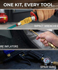 15-Piece Air Compressor Fittings Kit With 1/4 NPT Quick Connects in use with impact wrenches, tire inflators, spray guns.