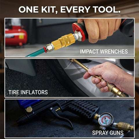 15-Piece Air Compressor Fittings Kit With 1/4 NPT Quick Connects in use with impact wrenches, tire inflators, spray guns.