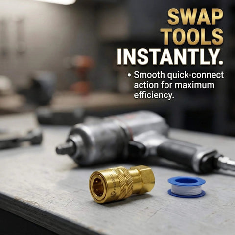 15-Piece Air Compressor Fittings Kit With 1/4 NPT Quick Connects, Solid Brass Connectors, and Teflon Tape on workbench