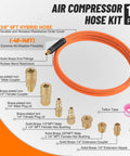 Must Have Pro Grade 12 Piece Air Compressor Accessories Kit With Six Foot Hybrid Hose And Quick Connect Fittings Including Three Eighths Inch And One Quarter Inch NPT Couplers Plugs Hex Nipples And Teflon Tape; components labeled on orange hose background