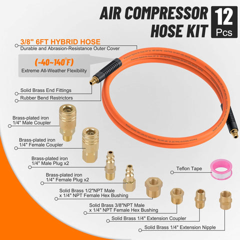 Must Have Pro Grade 12 Piece Air Compressor Accessories Kit With Six Foot Hybrid Hose And Quick Connect Fittings Including Three Eighths Inch And One Quarter Inch NPT Couplers Plugs Hex Nipples And Teflon Tape; components labeled on orange hose background