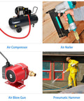 Air compressor, air nailer, air blow gun, and pneumatic hammer in use on jobsite