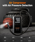 4000A Jump Starter With 160 PSI Air Compressor, 88.8Wh Battery Pack displaying LED pressure monitor with tire in background