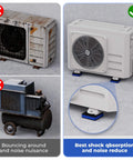Comparison of old vs. new air conditioning units, showing best shock absorption and noise reduction features. Two old units on left, new unit on right.