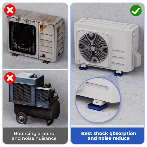 Comparison of old vs. new air conditioning units, showing best shock absorption and noise reduction features. Two old units on left, new unit on right.