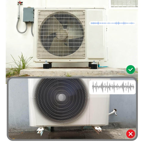 Four-piece rubber vibration isolator mounts in 40x30mm with M10x23mm studs under an air conditioning unit for stability and noise reduction.