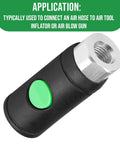 One Quarter Inch Female Industrial Air Coupler With Push Button Safety Quick Disconnect IM Type Aluminum Body Nylon Wrapped Tip Durable Wear Resistant Construction For Easy One Hand Disconnect, side view showing green button, black and silver color scheme.