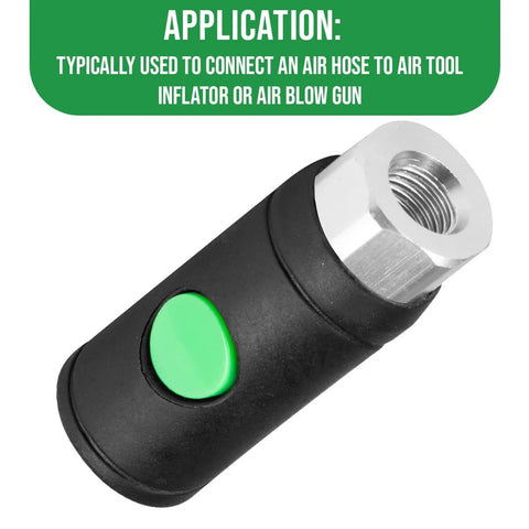 One Quarter Inch Female Industrial Air Coupler With Push Button Safety Quick Disconnect IM Type Aluminum Body Nylon Wrapped Tip Durable Wear Resistant Construction For Easy One Hand Disconnect, side view showing green button, black and silver color scheme.