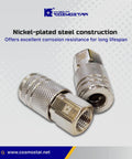 1/4 Inch Air Coupler Quick Connect CFNPT Style Nickel Plated Steel Industrial Pneumatic Coupler With 1/4 Inch Flow Size And 1/4 Inch Female NPT Thread Built Tough For Daily Shop Use And Universal Tool Compatibility, showing two couplers with nickel-plated finish on gray background
