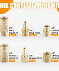 Air Coupler and Plug Kit with 3/8 inch male and female couplers, plugs and extension nipples, various pieces shown.