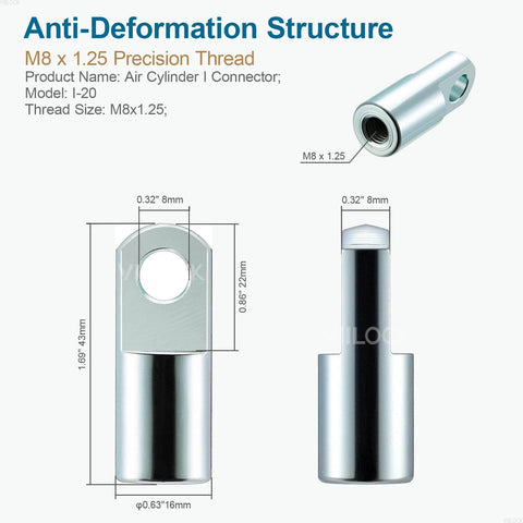2pcs Air Cylinder Rod Clevis End, M8x1.25 Female Thread I Type Connector Air Cylinder Accessories I-20, close-up view