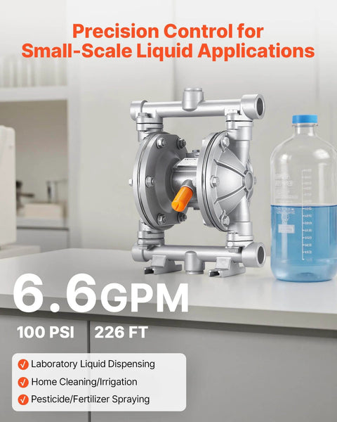 Air Operated Double Diaphragm Pump, 6.6 GPM, 3/8 inch Inlet & Outlet Pneumatic Waste Oil Transfer Pump, Max 100 PSI, Aluminum Alloy Body