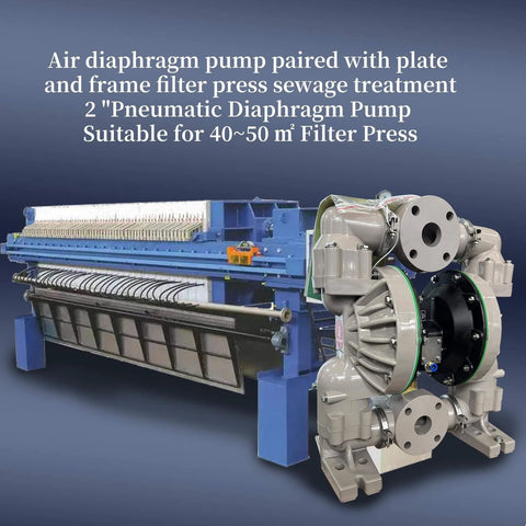 EMAGENE Air Operated Double Diaphragm Pump2 inch Inlet/Outlet shown beside filter press for sewage treatment