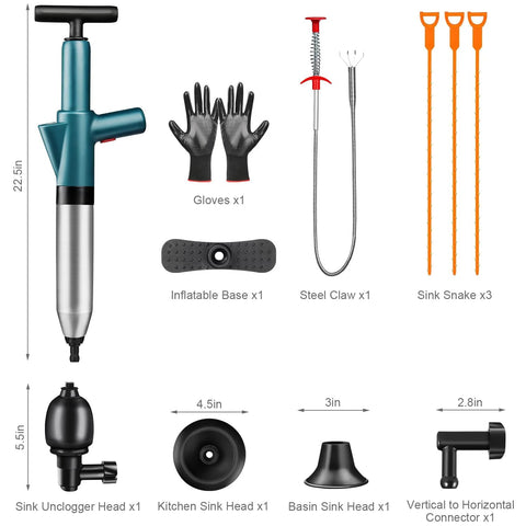 High Pressure Air Drain Blaster Toilet Plunger with accessories, including gloves, sink heads, and snakes, up to 120 PSI 8 bar.