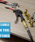 25 Pack 1/4 Inch NPT Air Hose Fittings Kit With 1/4 Inch Male Quick Connect Plugs For Compressor And Auto Shop Beefed Up Heavy Duty Industrial M Style Connectors And D Type Pre Coated Threads Repair Set on table with wrench and air tool