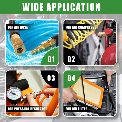 Various applications of 45 Piece One Quarter NPT Quick Connect Air Fittings Kit with hoses, compressor, regulator, filter.