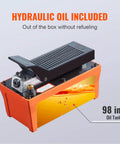 Air Hydraulic Pump, 10,000 PSI 1/2 Gal Reservoir, NPT 3/8" Oil Outlet, NPT 1/4" Inlet, foot operated, orange design.