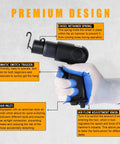 Close-up of 150mm Air Hammer Kit With 4 Chisels And Quick Change Retainer Built Tough Heavy Duty Pneumatic Shovel Tool Delivers 4500 BPM For Automotive Repair Metalworking And Masonry Projects showing chisel retainer spring and pneumatic switch trigger.