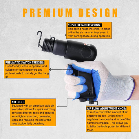 Close-up of 150mm Air Hammer Kit With 4 Chisels And Quick Change Retainer Built Tough Heavy Duty Pneumatic Shovel Tool Delivers 4500 BPM For Automotive Repair Metalworking And Masonry Projects showing chisel retainer spring and pneumatic switch trigger.