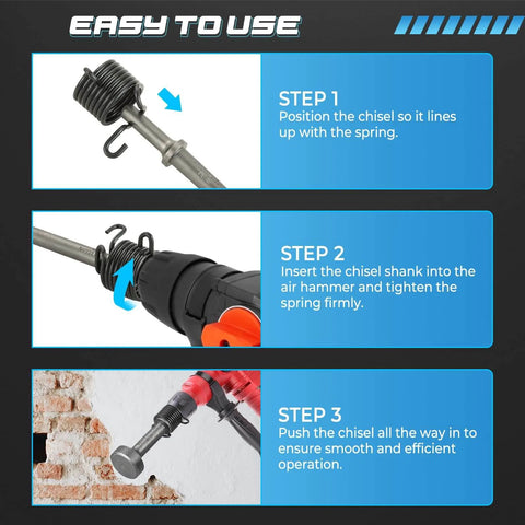 Instructions for installing Five Piece Air Hammer Bits Set With Spring 0.401 Inch Pneumatic Chisel Bits on a power hammer drill.