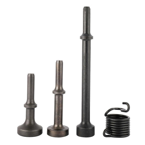 Air Hammer Bit Set Four Piece Including Three 0.401 Inch Shank Pneumatic Chisel Bits And One Spring For Metal Plate Forming Rivet Removal Knockout And Smoothing Featuring Oval Spherical And Flat Head Options For Versatile Bodywork