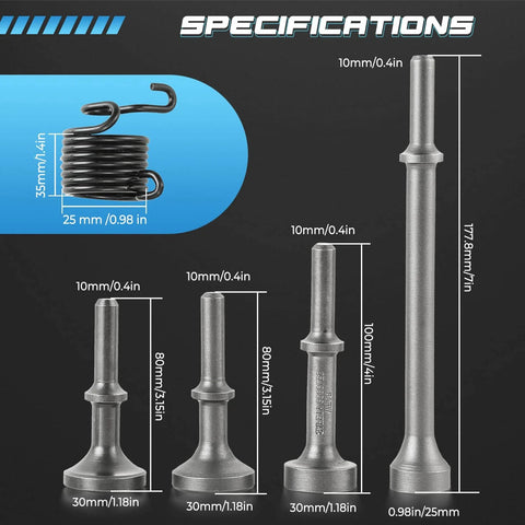 Five Piece Air Hammer Bits Set With Spring 0.401 Inch Pneumatic Chisel Bits Extended Length Smoothing Kit specifications