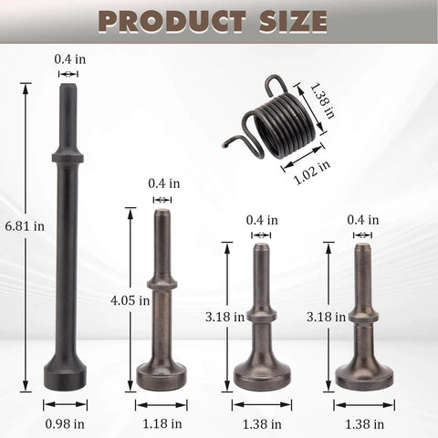 Extended Length Air Hammer Bits Set With Spring 0.401 Pneumatic Chisel Bits For Heavy Duty Jobs Includes Four Shapes In Durable Alloy Steel shown with dimensions.