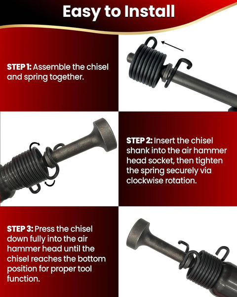Instructional image on assembling 9-Piece Air Hammer Chisel Bit Set With 0.401 Inch Shank Pneumatic Chisel Bits for masonry use.