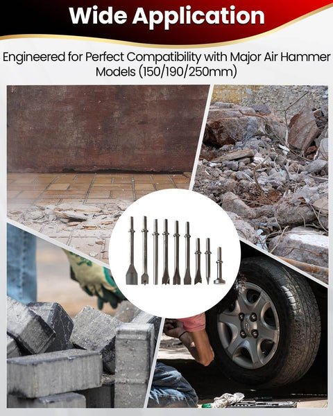 9-Piece Air Hammer Chisel Bit Set With 0.401 Inch Shank Pneumatic Chisel Bits For Masonry Tile Concrete And Rust Removal