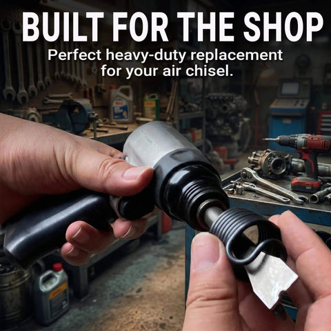 Spring Retainer For Air Hammer Chisel Gun Three Eighths Inch Replacement Part in hand near a workbench in workshop