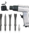 Powerful 150mm air hammer kit with 4 chisels and quick change retainer delivers up to 4500 BPM, shown with attachments.