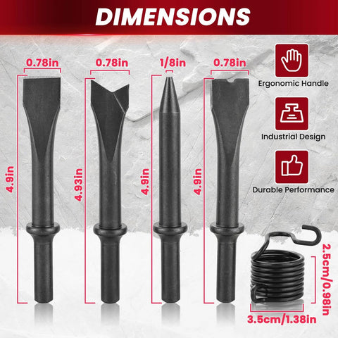 Air Hammer Kit With 150mm Stroke Delivers 4500 BPM, Pneumatic Hammer With Four Chisels, Includes Taper Punch, Panel Cutter, Flat And Spot Weld Chisels, Spring And Fittings, A Real Workhorse For Automotive Repair And Metalworking.