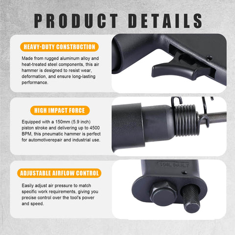 Close-up of 150mm Air Hammer Kit With 4 Chisels And Quick Change Retainer showcasing construction details, high impact force, and airflow control.