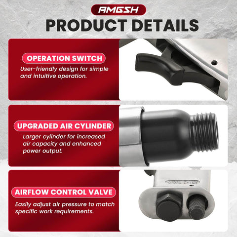 Close-up of Powerful 150mm Air Hammer Kit With 4500 BPM Pneumatic Hammer showing operation switch and airflow control valve.