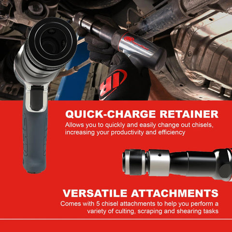 Ingersoll Rand 119MAXK Long Barrel Vibration Reduced Air Hammer Kit with chisel set, focus on quick-change retainer.