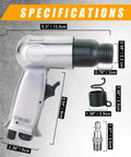 Powerful 150mm air hammer kit with 4 chisels and quick change retainer shown with size specifications.
