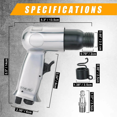 Powerful 150mm air hammer kit with 4 chisels and quick change retainer shown with size specifications.
