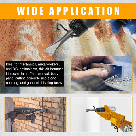 Powerful 150mm air hammer kit with 4 chisels and quick change retainer delivers up to 4500 BPM for fast automotive, metal, and masonry chiseling